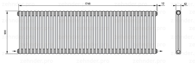 Схема (чертеж) Радиатор Zehnder Charleston 2090/38 №2670 Белый глянцевый RAL 9016